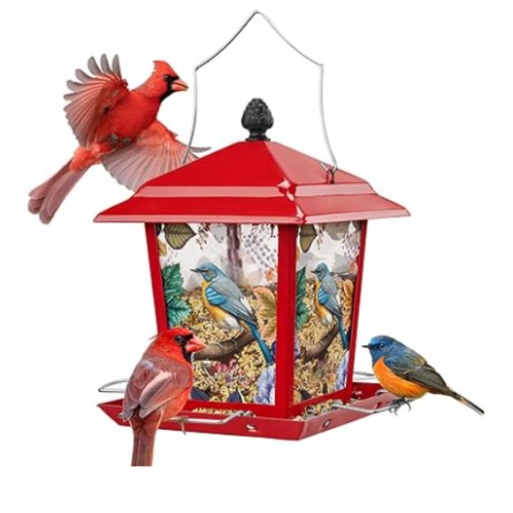 Kingsyard Other - Red Lantern Style Bird Feeder for Outdoors - Wild Bird Hopper Feeder